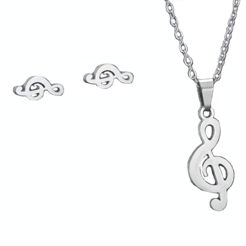 Necklace and earrings set - Silver Musical key pendant