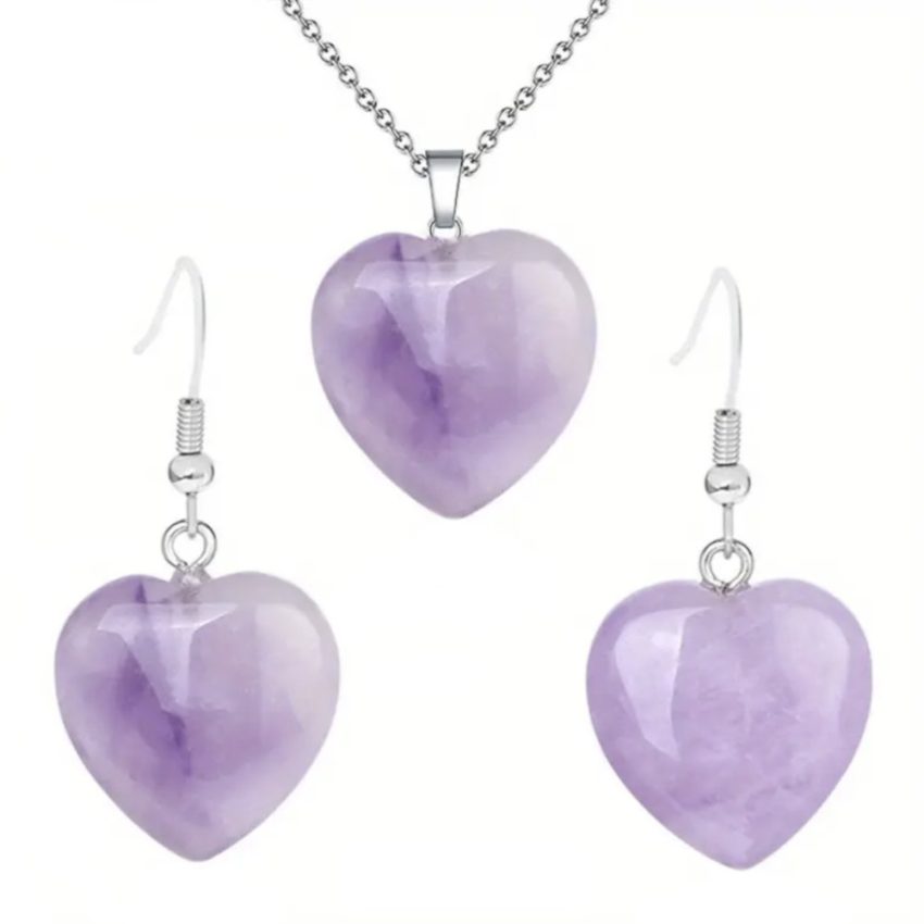 Necklace and Earrings Set – Heart Purple Amethyst Gemstone