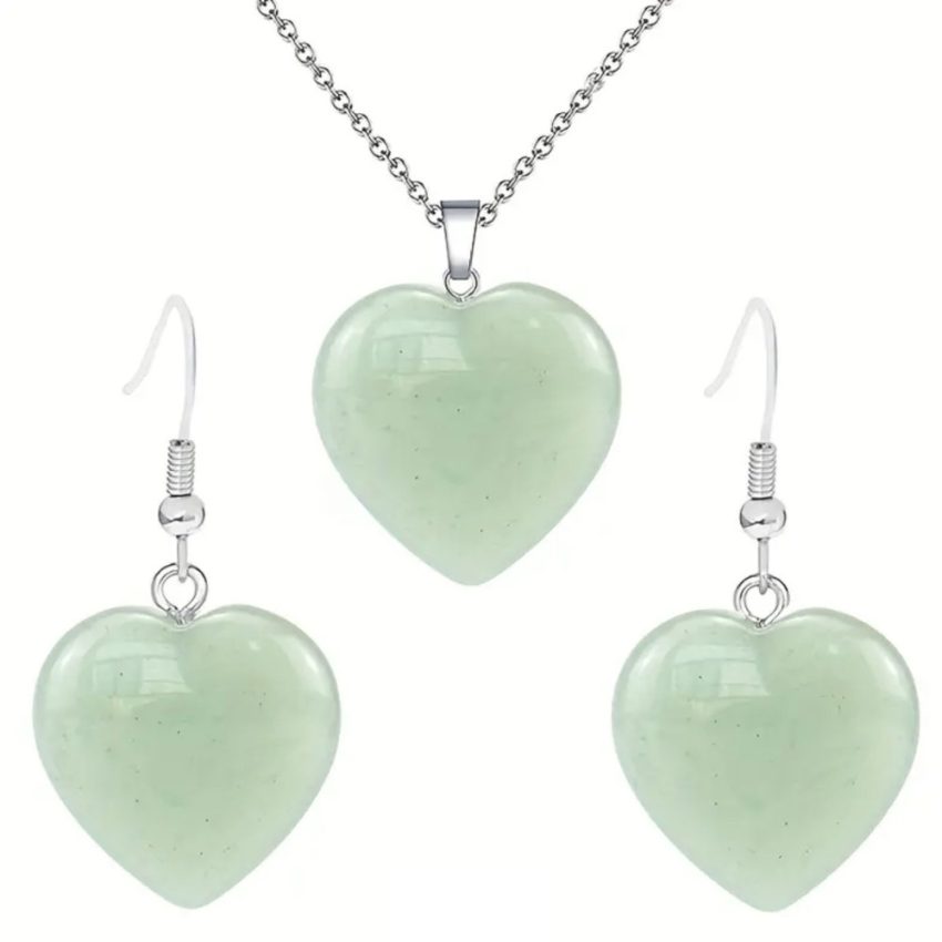 Necklace and Earrings Set - Heart Green Aventurine Gemstone