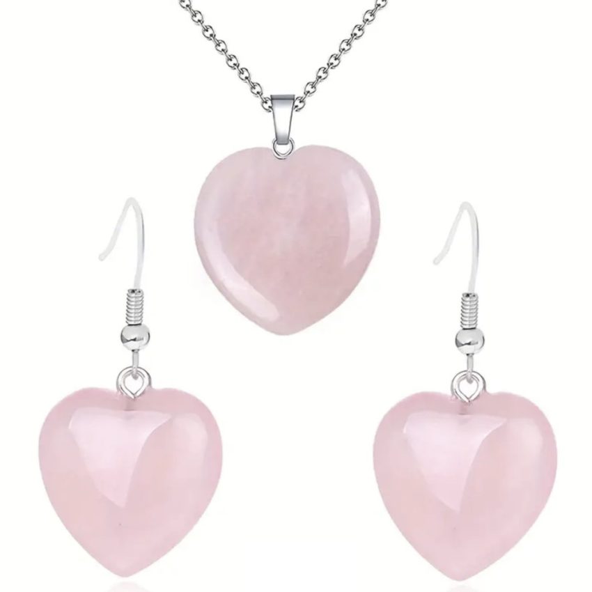 Necklace and Earrings Set – Heart Rose Quartz Gemstone