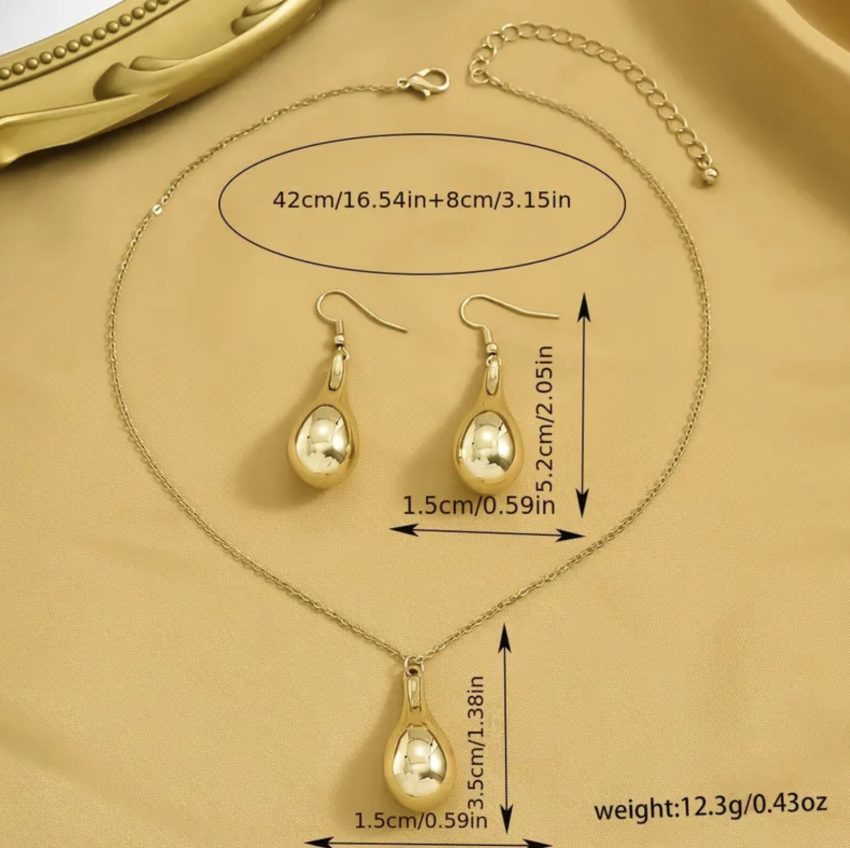 Necklace and earrings set - Golden Waterdrop Pendant