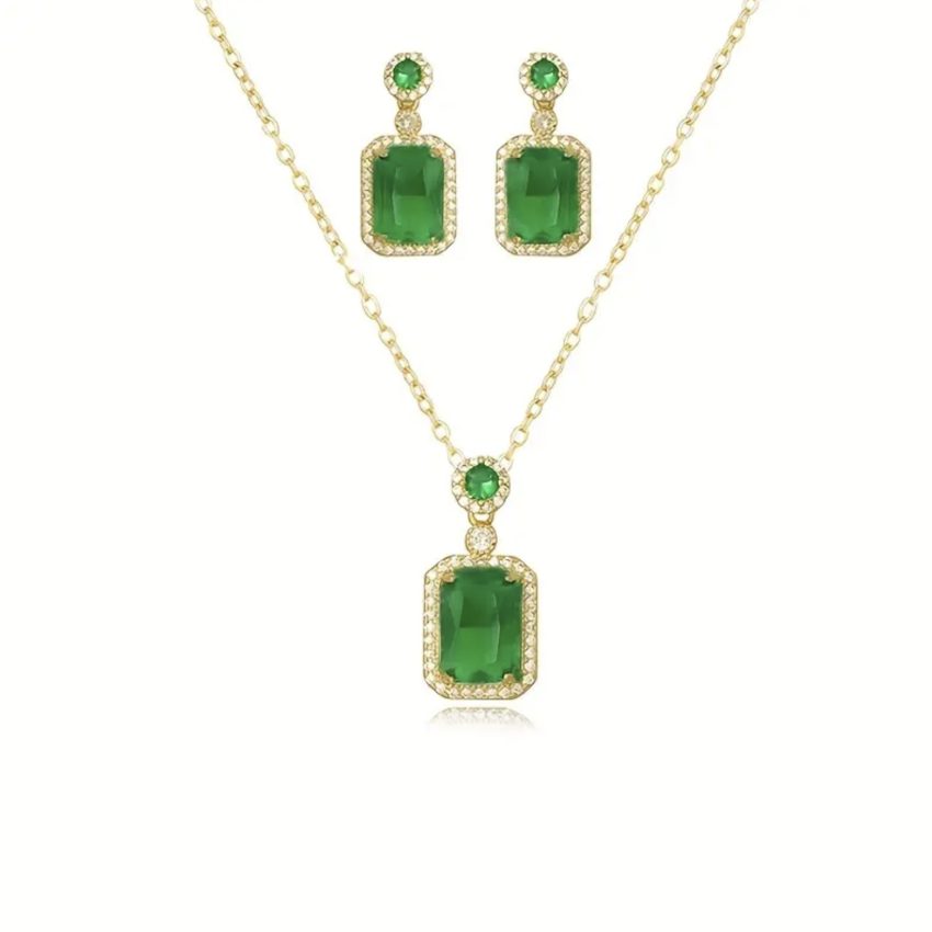 Necklace and earrings set - Green rhinestone