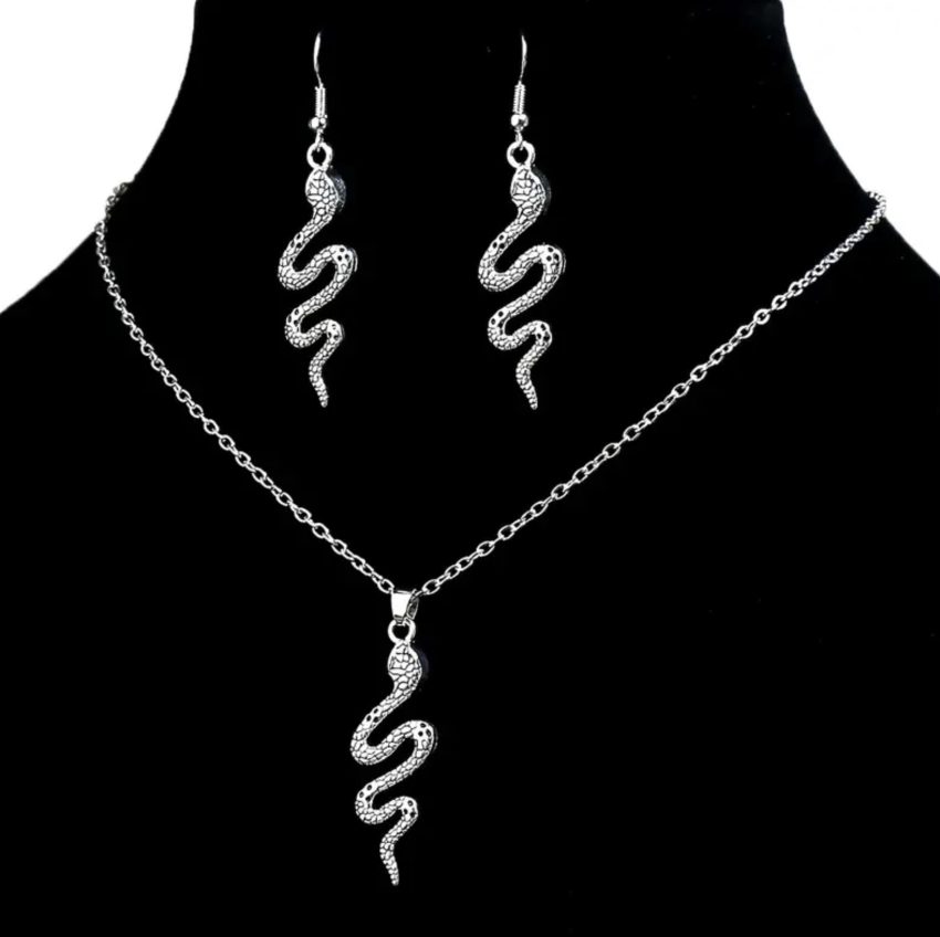 Necklace and Earrings Set - Silver-Tone Viper Pendant