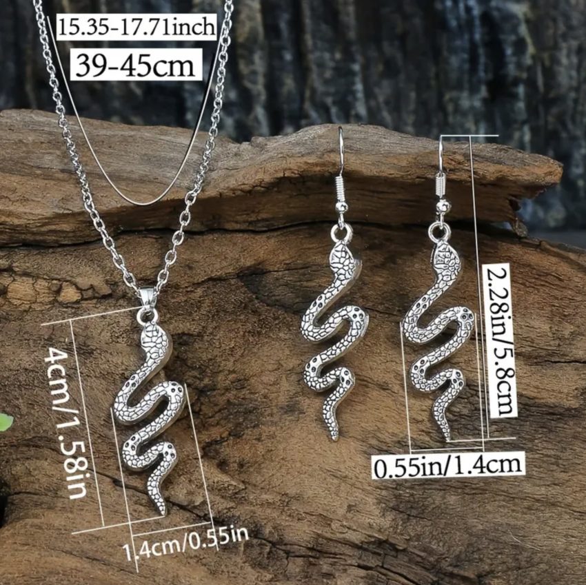 Necklace and Earrings Set - Silver-Tone Viper Pendant