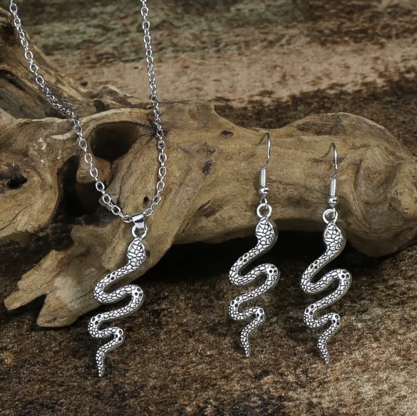 Necklace and Earrings Set - Silver-Tone Viper Pendant