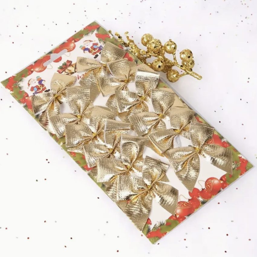 12pcs Handmade Golden Mini Bow Christmas Tree Accessory