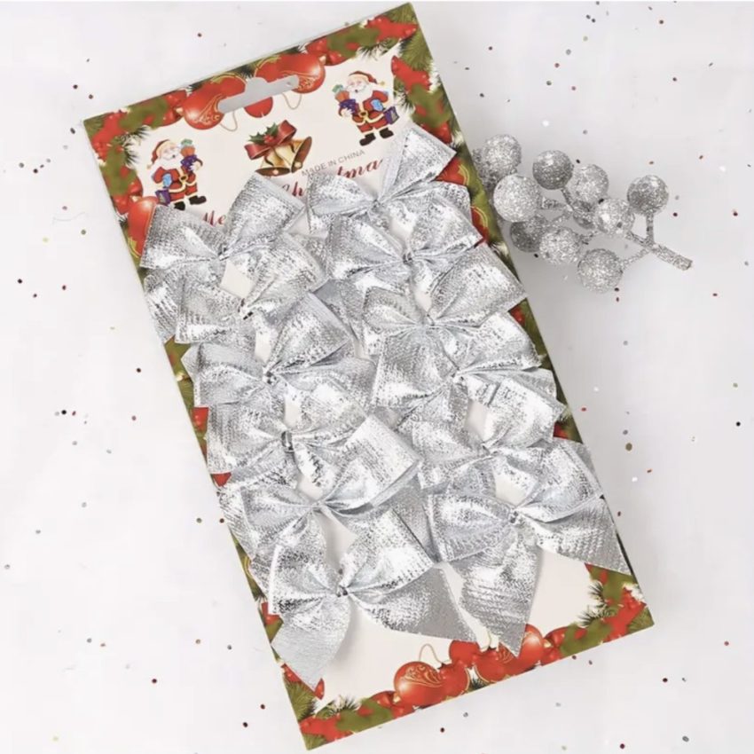 12pcs Handmade Silvery Mini Bow Christmas Tree Accessory